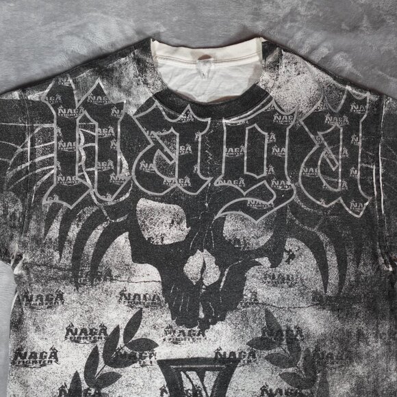 NAGA Fighter Skull All Over Print T Shirt Mens L Slim Fit Grunge Y2K Style - Picture 2 of 8